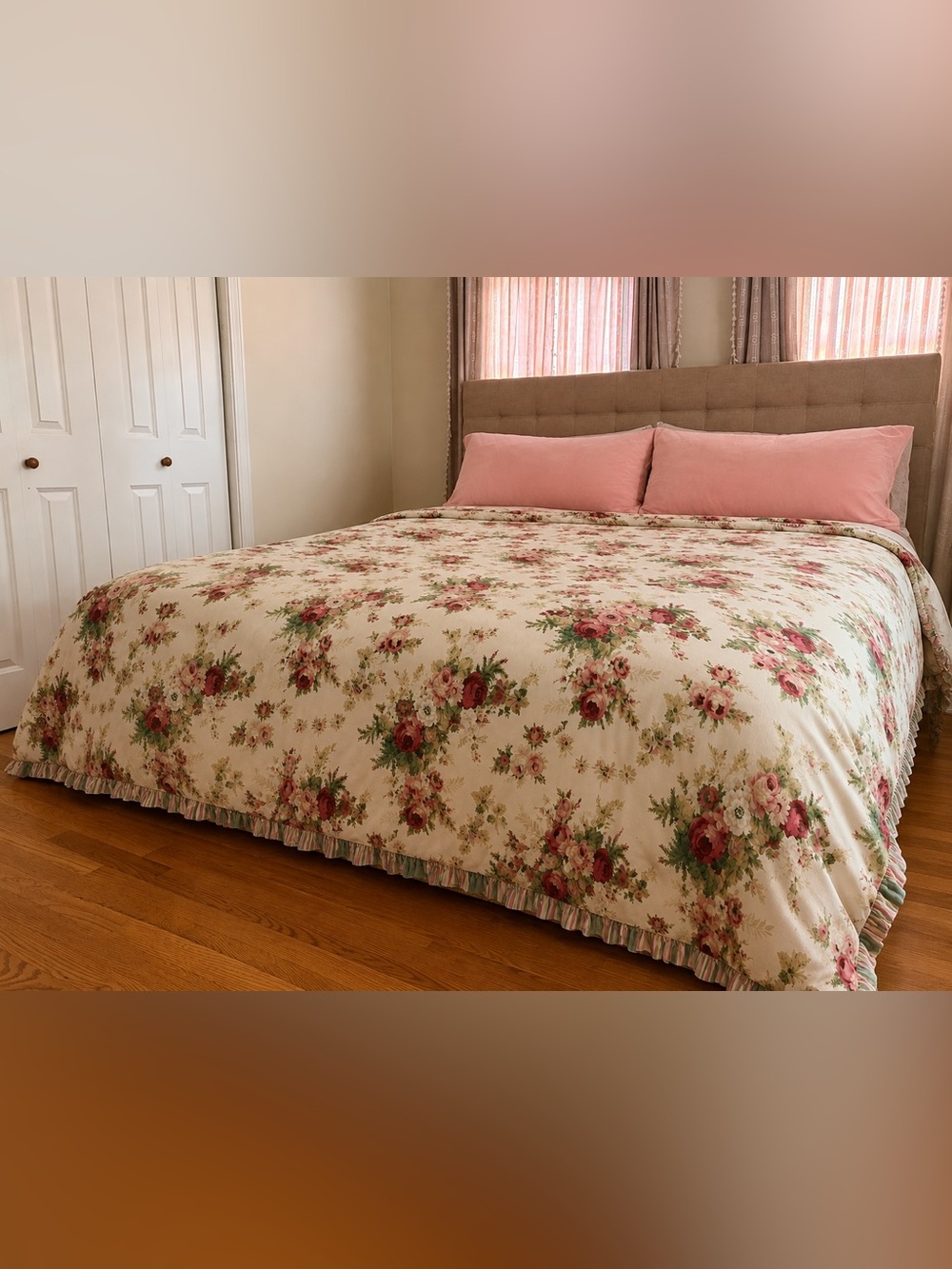 Waverly Cotton California King Comforter Gingham Floral Roses Cottage Ruffle